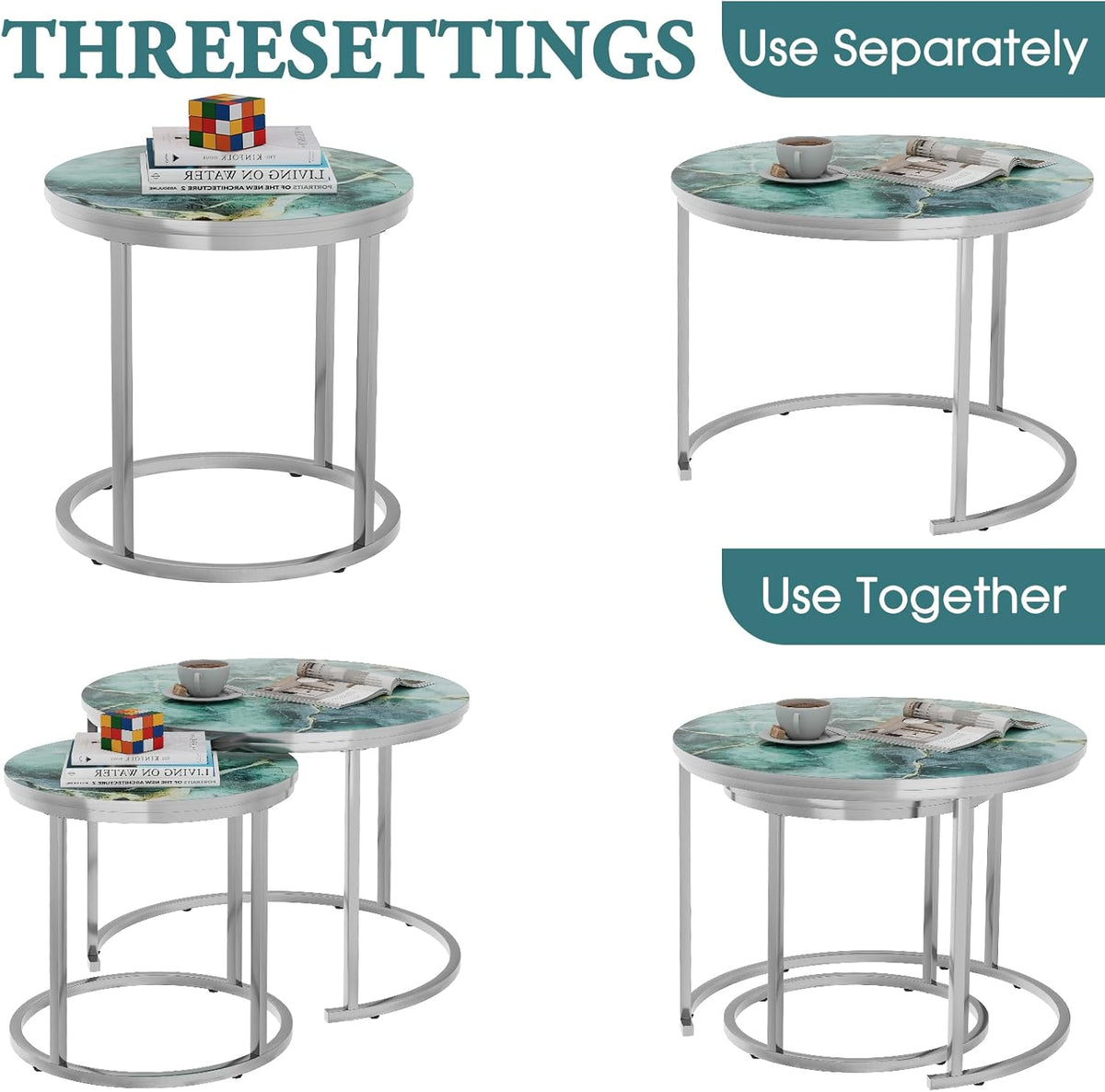 aboxoo Coffee Table Nesting Side Round Set of 2 End Table Green Art Table Top Sturdy Metal Frame Desk Centerpiece Living Room Bedroom Apartment Modern Industrial Simple Nightstand