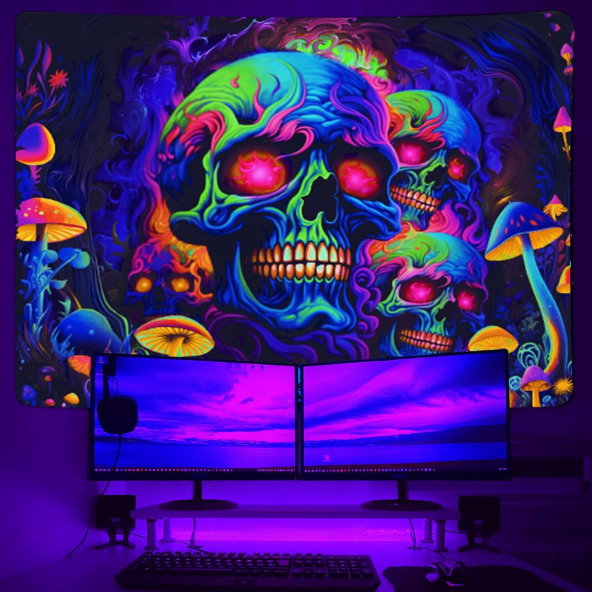 Xiaoput Skull Blacklight Wall Art, UV Reactive Skeleton Tapestry for Bedroom, Living Room, Dorm Decor 90x70IN