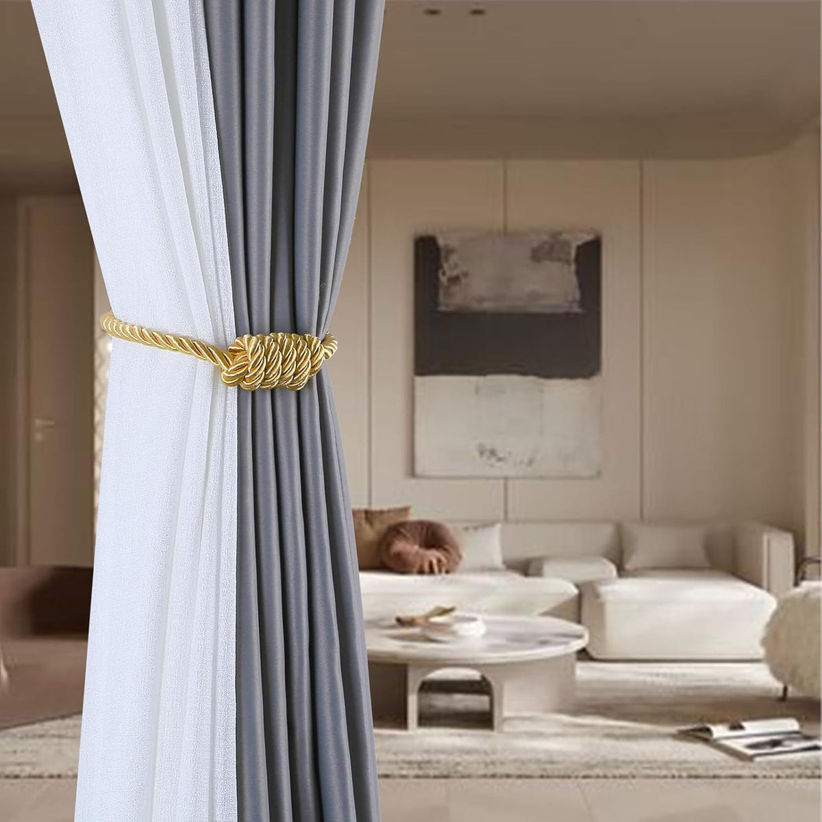 Fenghuangwu 2Pack Magnetic Curtain Tiebacks – Bohemian Style Handmade Woven Tie-Backs for Drapes,Elegant Exquisite Knot Holdbacks,Outdoor Boho & Modern Home Decor（Gold