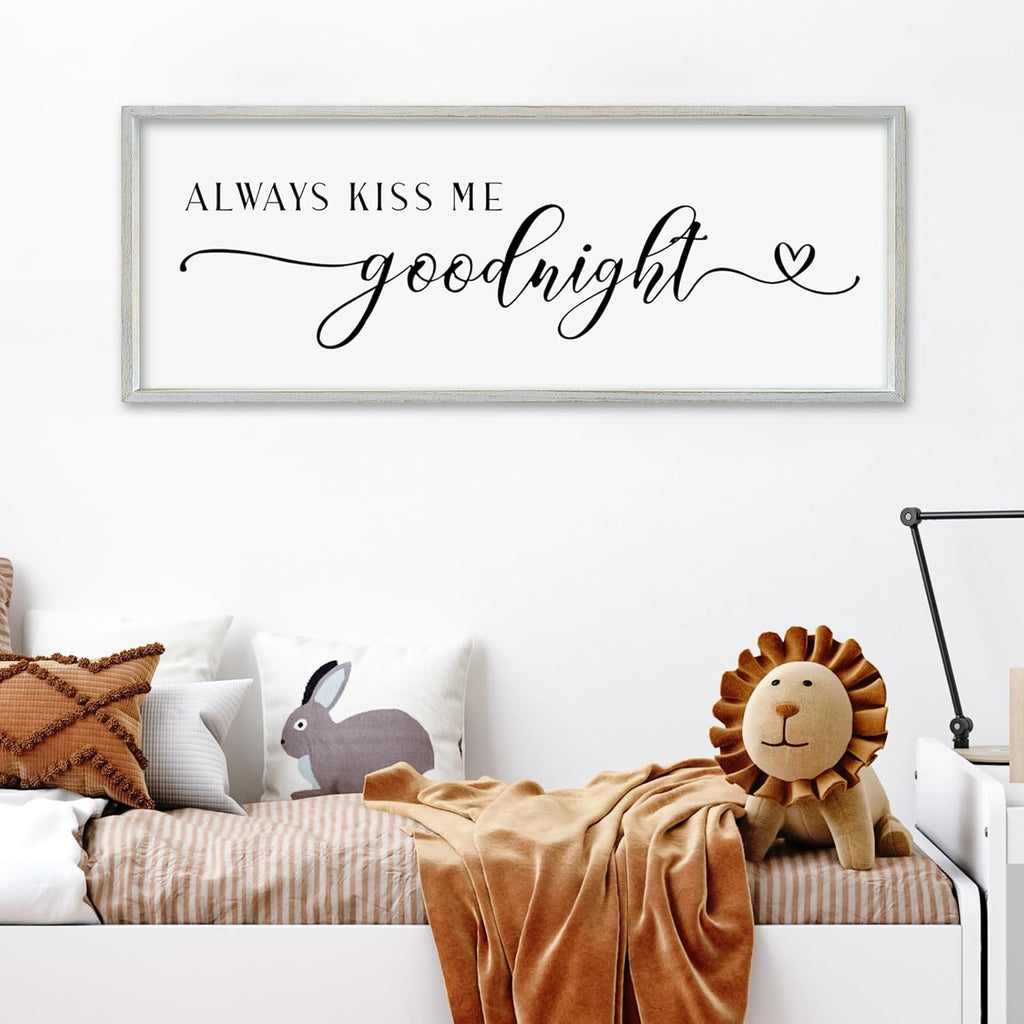 comurdyo Always Kiss Me Goodnight Sign for Bedroom Above bed Wall Decor 40''×15'' Large Wood Frame For Couples Over Bed Hanging Wall Art (White)