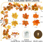 suddus Fall Leaves Garland with Lights, 20LED Battery Operated Fall Lights with Timer, Fall Decoration for Home, Table, Mantle, Office, Outdoor, Autumn, Halloween, Yellow