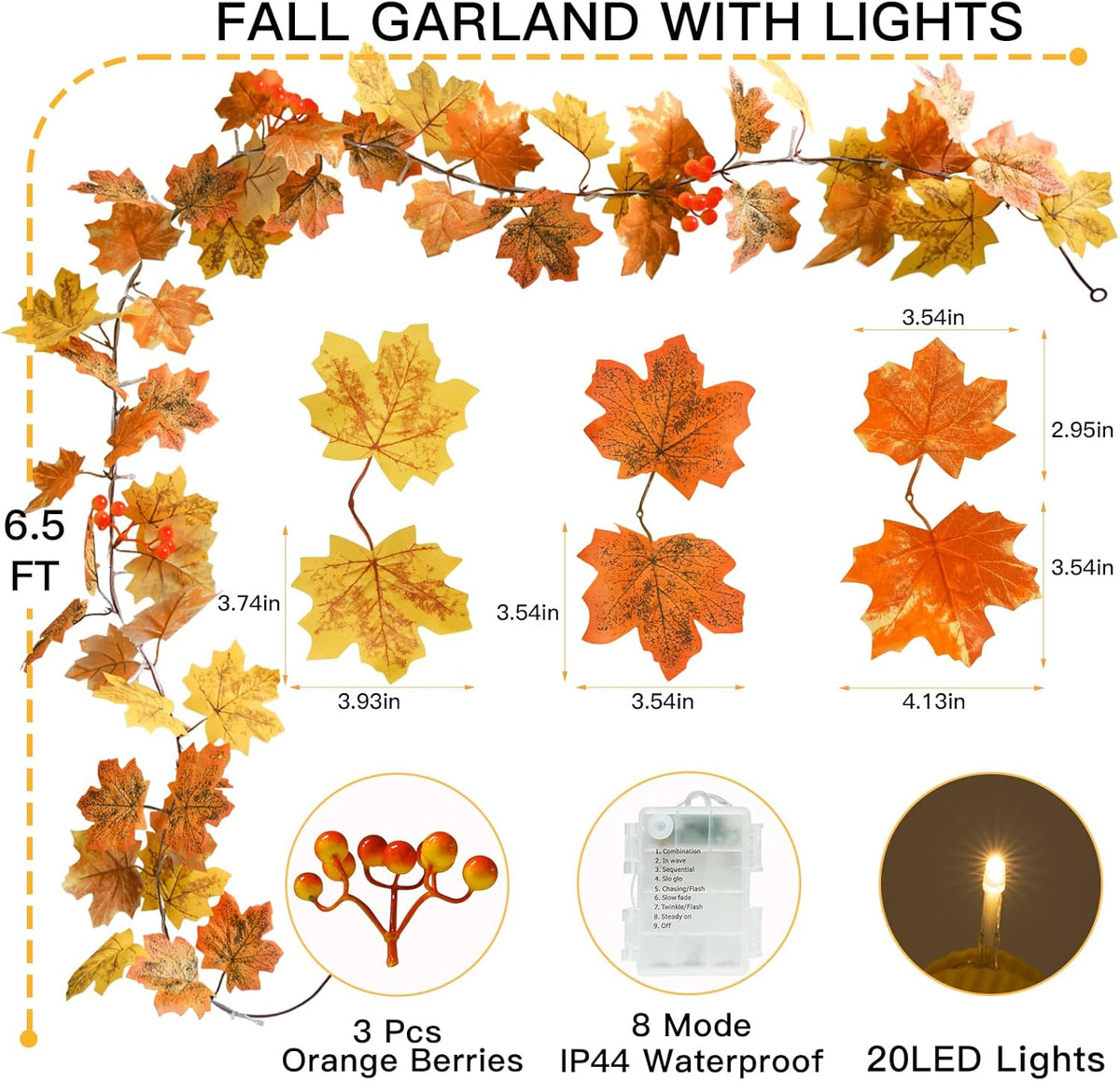suddus Fall Leaves Garland with Lights, 20LED Battery Operated Fall Lights with Timer, Fall Decoration for Home, Table, Mantle, Office, Outdoor, Autumn, Halloween, Yellow