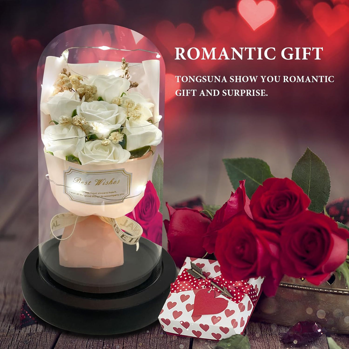 Gift for Her Forever Flower Bouquet for Delivery Prime Preserved White Roses Glass Dome LED Light 100 Languages I LOVE YOU Necklace Mothers Day Birthday Romantic Valentines Gift for Wife Women Mom