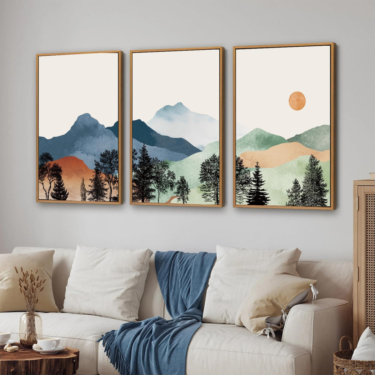 SIGNINART Boho Mountain Framed Canvas Wall Art Set of 3, Watercolor Nature Landscape Set Art Prints, Modern Sunrise Art Paintings, Green Forest Wall Decor for Living Room, Bedroom, Office 16"x24"x3