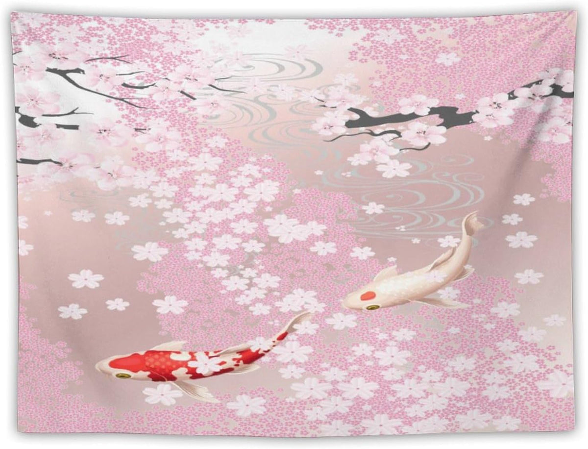 Houselerax Japanese Koi Fish Tapestry, Cherry Blossoms Asian Oriental Pink Flower Branch Koi Fish Carp Tapestries Wall Hanging for Bedroom Living Room Office Decor 40"x30"