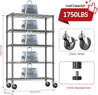 IZEUK 5-Tier Storage Shelving Unit with Wheels, Adjustable Heavy Duty Steel Wire Rack Organizer (Black, 17.7" D x 47.2" W x 76.7" H, 1750 lbs Capacity) for Garage, Kitchen, Office, Laundry, Basement