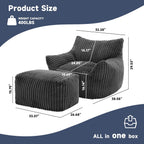 Giant Bean Bag Chairs for Adults, Oversized Chaise Lounge Chair Indoor with Memory Foam - Plush Boneless Lounger & Ottoman for Bedroom, Living Room, Gaming & Reading, Lazy Floor Sofa Chair, Gray