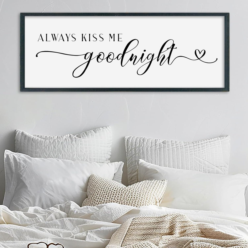 SRSZHIYUE Always Kiss Me Goodnight Sign Wall Decor Art for Master Bedroom Above Bed 40"×15" Large Wood Framed Wall Hanging (Black)