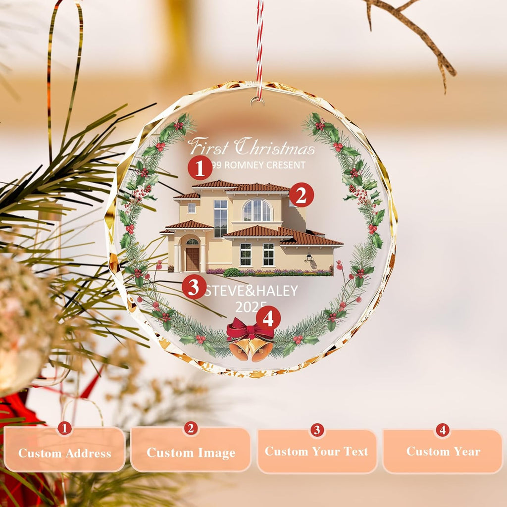 Bemaystar First Christmas in New Home Ornaments 2025–Personalized Crystal Ornament with Photo and Address–Custom Housewarming Gift Keepsake–Christmas Tree Decoration for Couples or Families