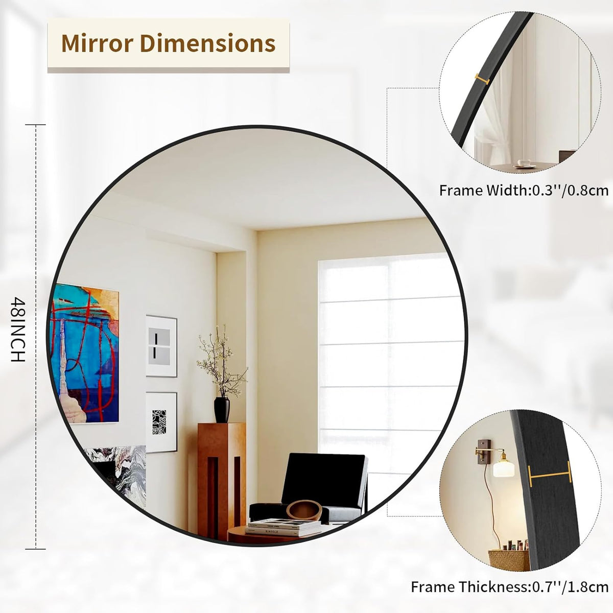 BEAUTYPEAK 48 Inch Round Mirror, Metal Frame Circle Mirror, Wall Mounted for Entryway, Bathroom, Vanity, Living Room, Black
