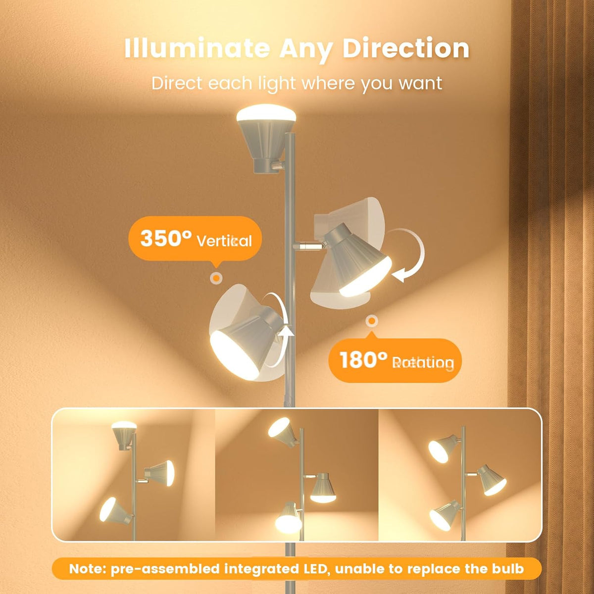 36W LED Tree Floor Lamp, Dimmable Tall Standing Lamp with Remote & Touch Control, 4 Color Temperatures Bright Floor Lamp, 3 Rotatable Light Modern Floor Lamps (Silver Gray)