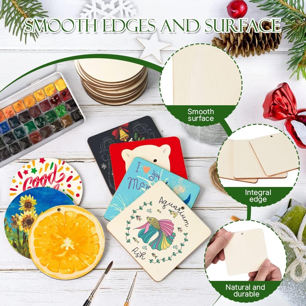 60 Pcs Wooden Tags, 3x3 Inch Unfinished Round Wood Pieces Blank Square Wooden Slices with Holes, with Jute Twines for Sign Tags Home Party Hanging Decoration