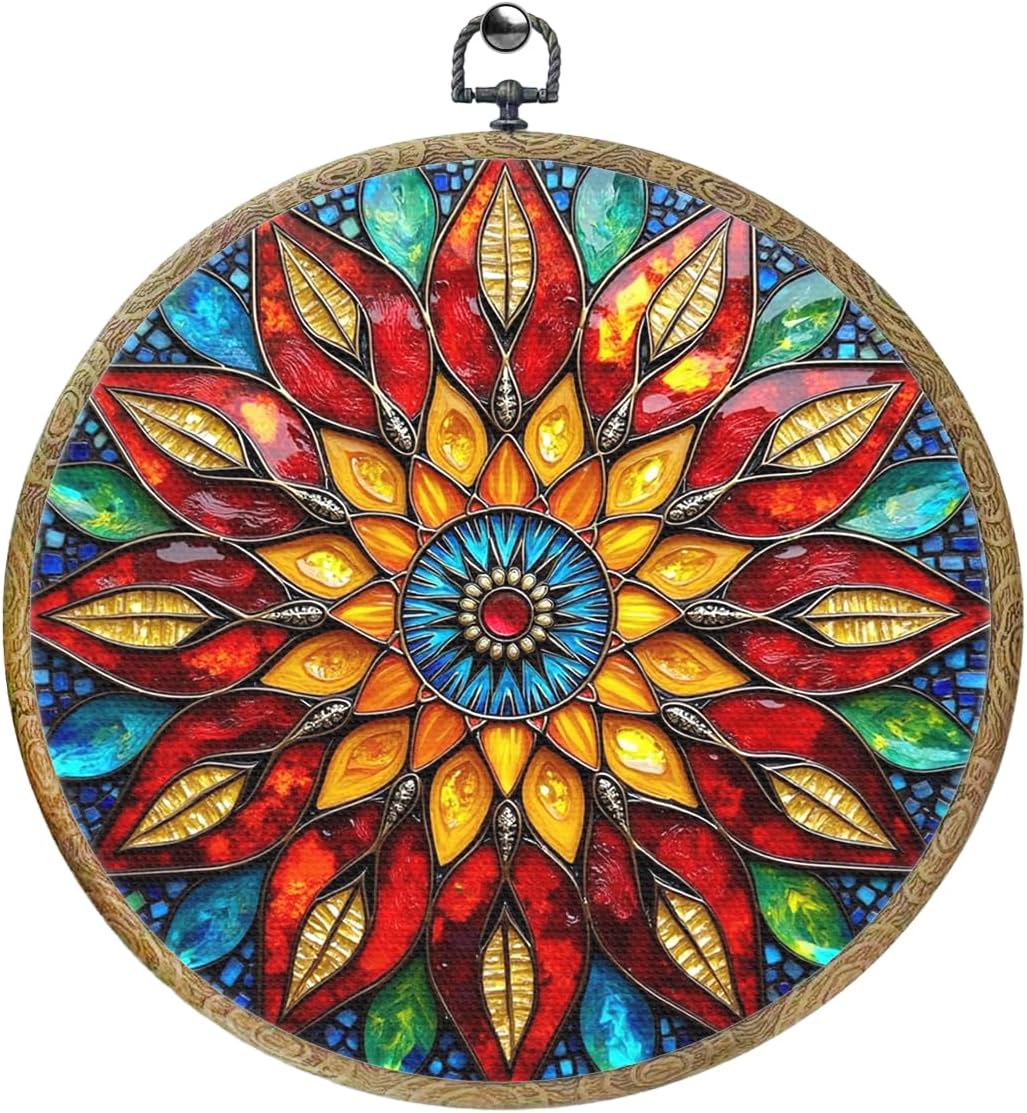 Colorful Geometric Mandala Framed Round Wall Decor Canvas Wall Art Hanging Prints Artwork for Home Office Kitchen Nursery Bedroom Living Room Porch Garden Birthday Decorations 10.2X10.2 Inch