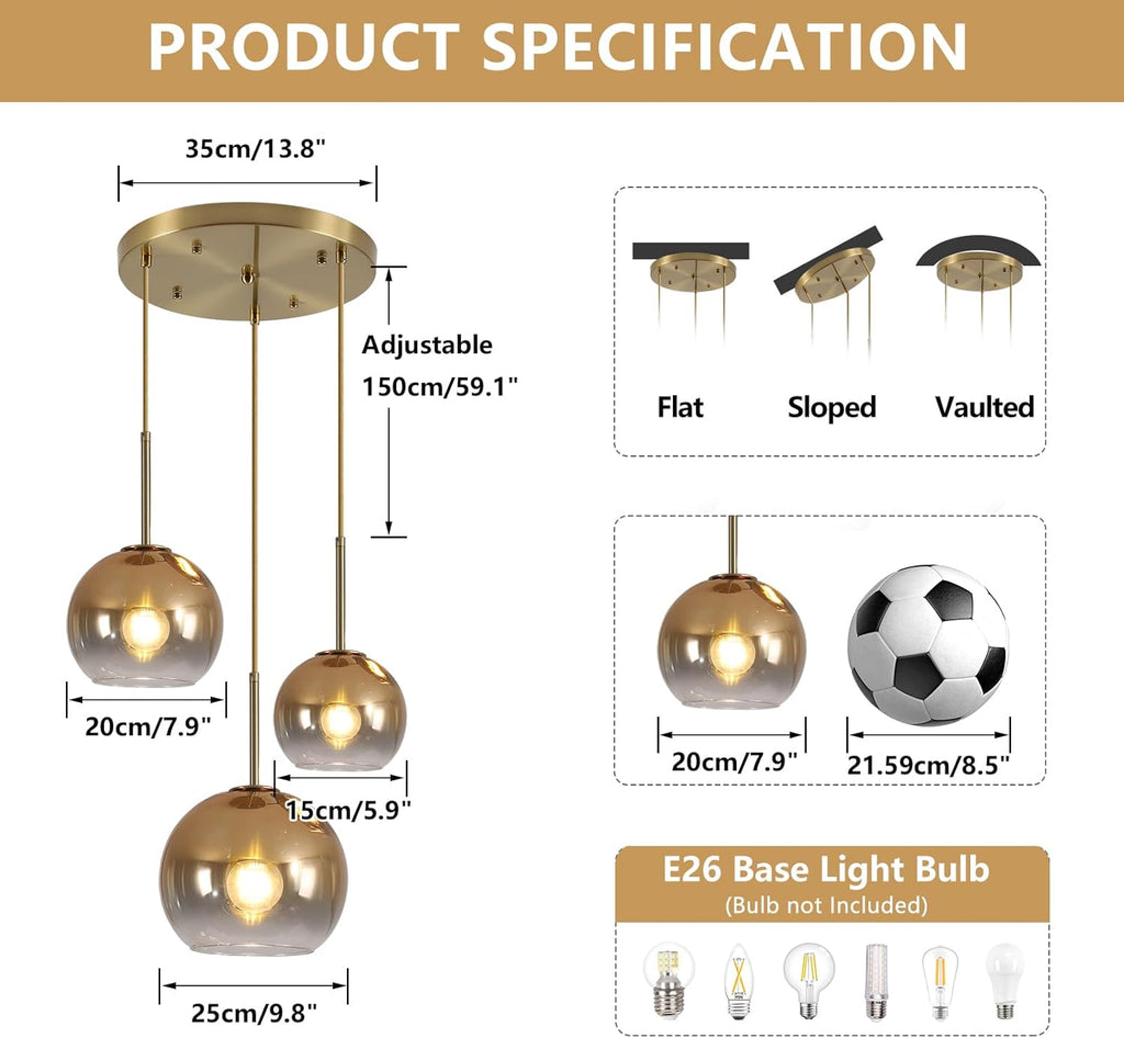 KCO Lighting Gold Cluster Pendant 3-Light Large Glass Pendant Lights Kitchen Island Bubble Globe Chandelier Mid Century Modern Hanging Light