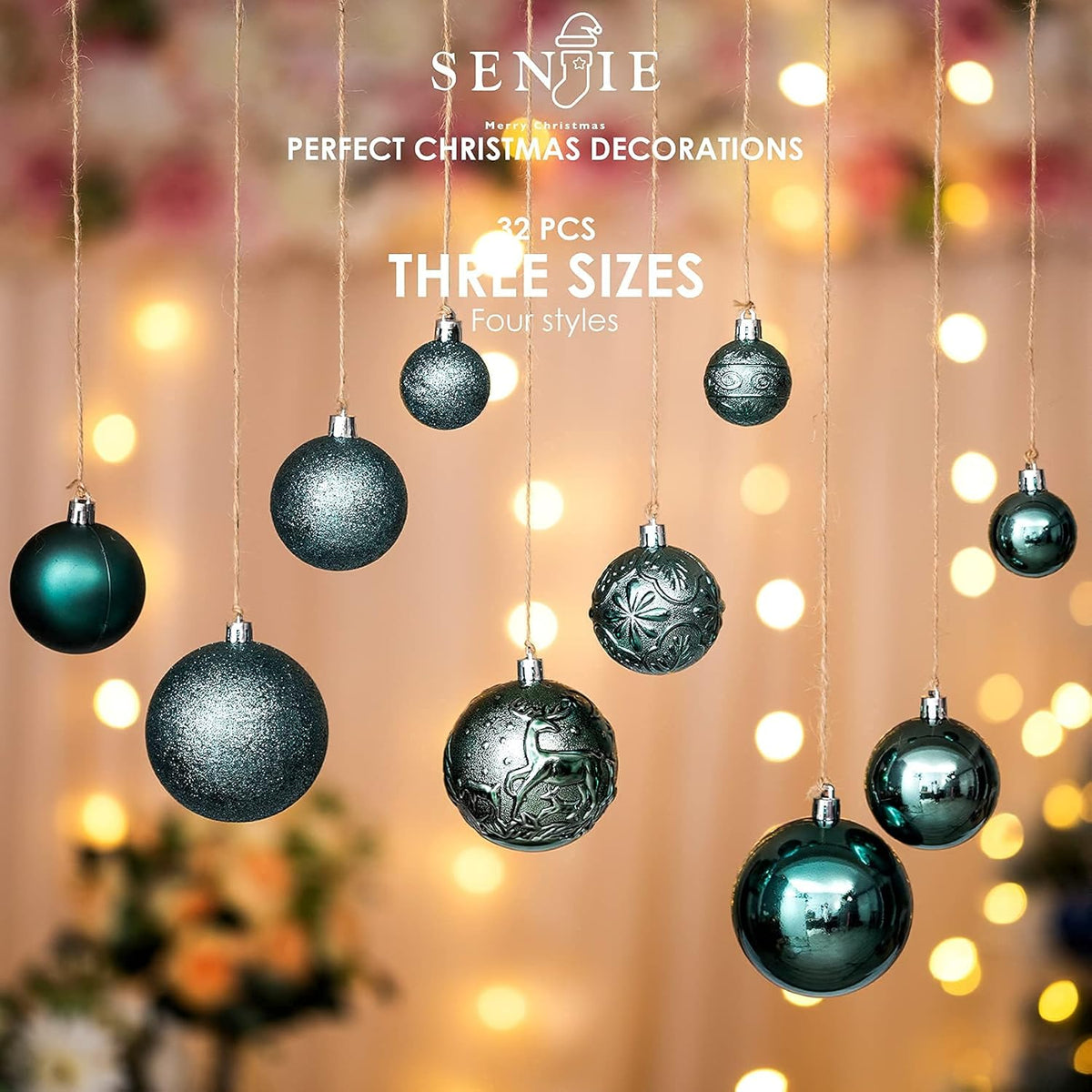 Senjie Green Shatterproof Christmas Ball Ornaments, 32 Pcs, Plastic, Wedding & Christmas, Hanging