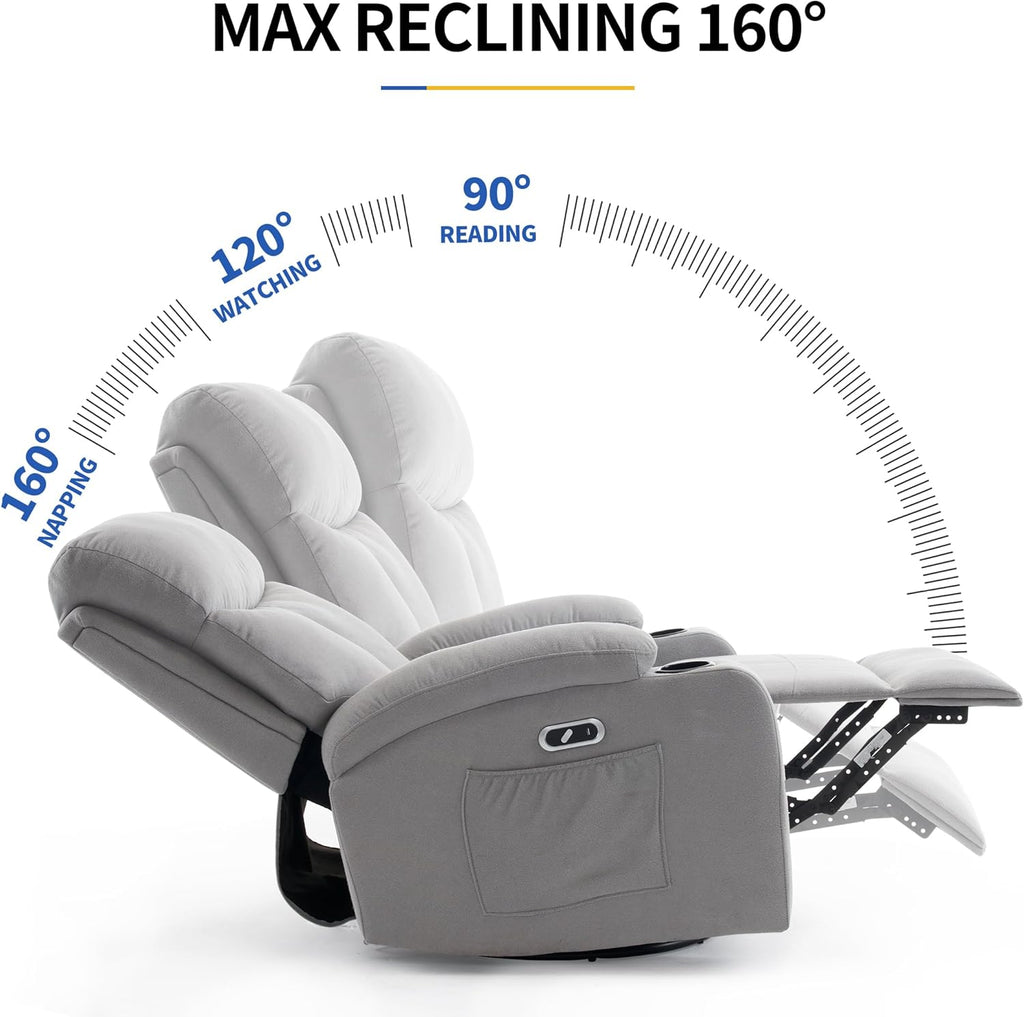 Swivel Power Recliner Chair for Adults with Full Body Massage, Electric Rocker Recliner Chairs for Living Room with USB and Type-C Ports, Fabric Rocking Reclining Sofa Chair (LightGrey)