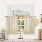 30 Inch Cafe Linen Curtains for Kitchen Window Over Silk 2 Panels | Semi Sheer by LAMIT