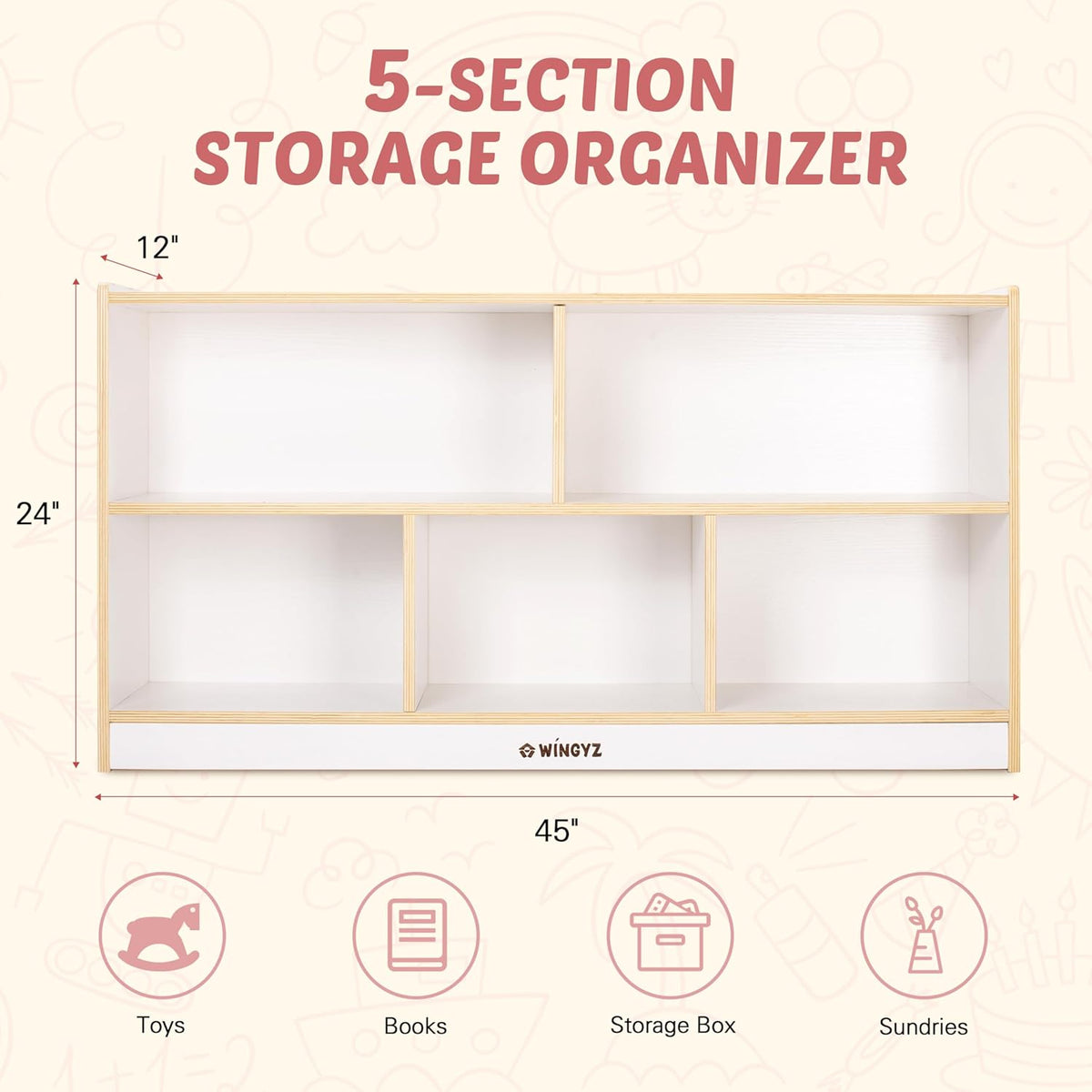 Toy Storage Organizer for Kids, 5-Compartment Wooden Storage Cabinet, Children Bookcase and Montessori Bookshelf, Book Shelf for Kids Room, Playroom, Living Room, Nursery, Classroom 24'' H(White)