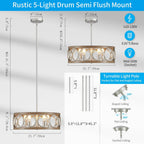 XINGQI 21.7'' Modern Farmhouse Chandelier Drum Pendant Lighting Fixture Hanging Ceiling Lamp for Living Dining Room Over Table, 5 Lights Antique Wood Grain Brushed Nickel with Round Metal