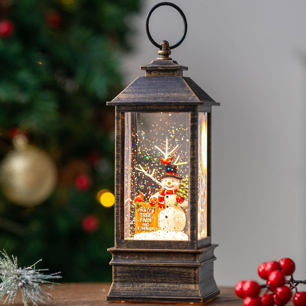 Christmas Snow Globe Water Glittering Farm Snowman with Music & Timer, USB Lined/Battery Operated Lighted Lantern for Christmas Festival Decoration Gifts