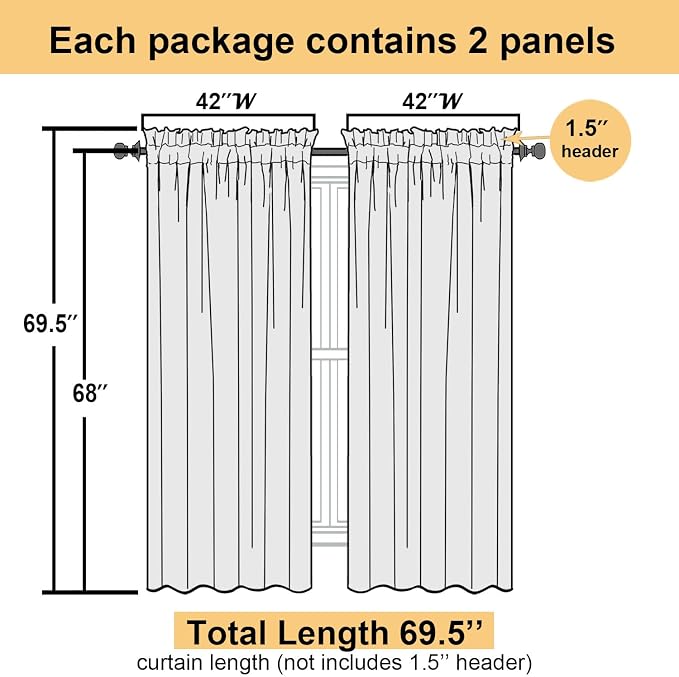 White Sheer Curtains 68 Inch Length 2 Pcs, Voile Dual Rod Pocket Living Room - Image 3