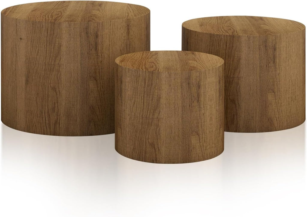 Vikiullf Nesting Coffee Table Set of 3, Round Wooden Coffee Tables, Modern Circle Table for Living Room, Bedroom, Accent Side Table, Saving Space Design and No Need Assembly