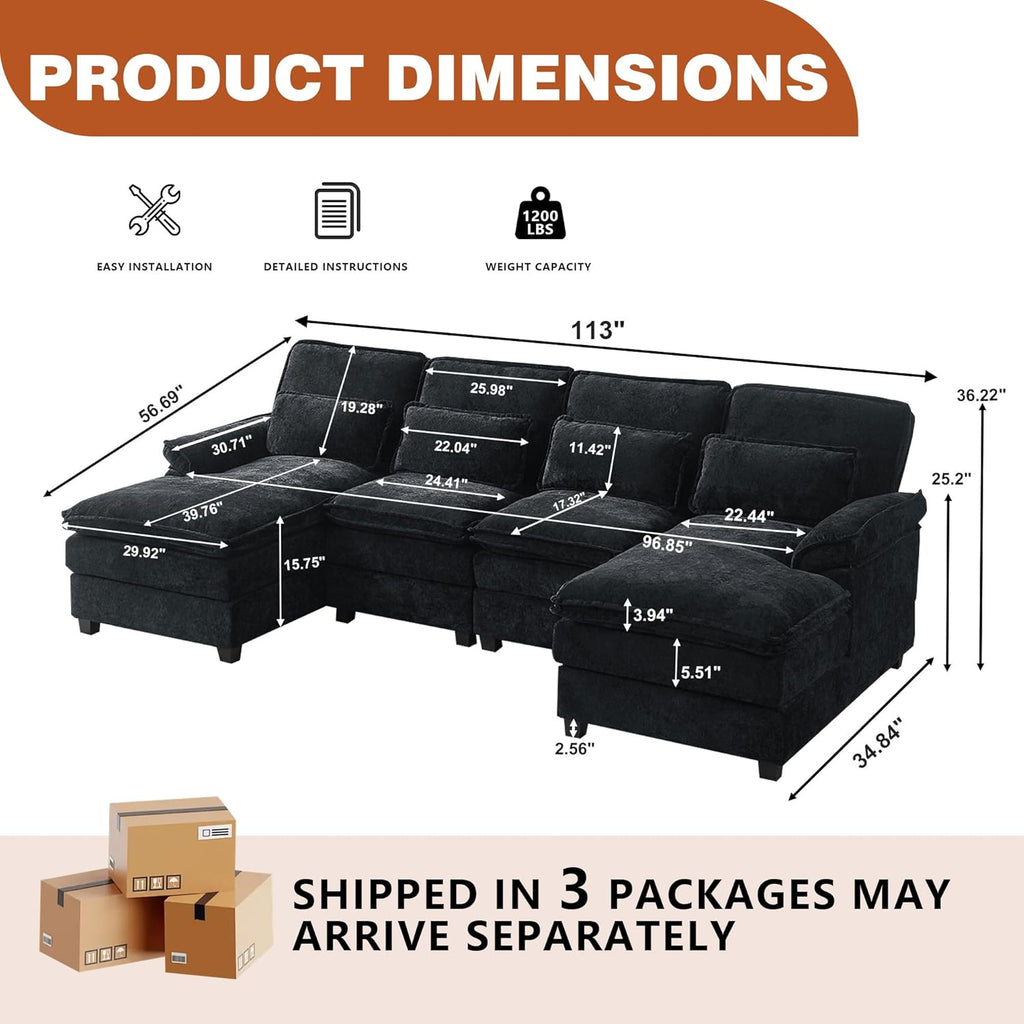 113" Oversized Cloud Couch, U Shape Sectional 4 Seat Sofa with Double Chaises, 2 Layer Cusions, Deep Seat Comfy Sofa, Upholstery Chenille Fabric for Living Room, Black
