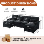 113" Oversized Cloud Couch, U Shape Sectional 4 Seat Sofa with Double Chaises, 2 Layer Cusions, Deep Seat Comfy Sofa, Upholstery Chenille Fabric for Living Room, Black