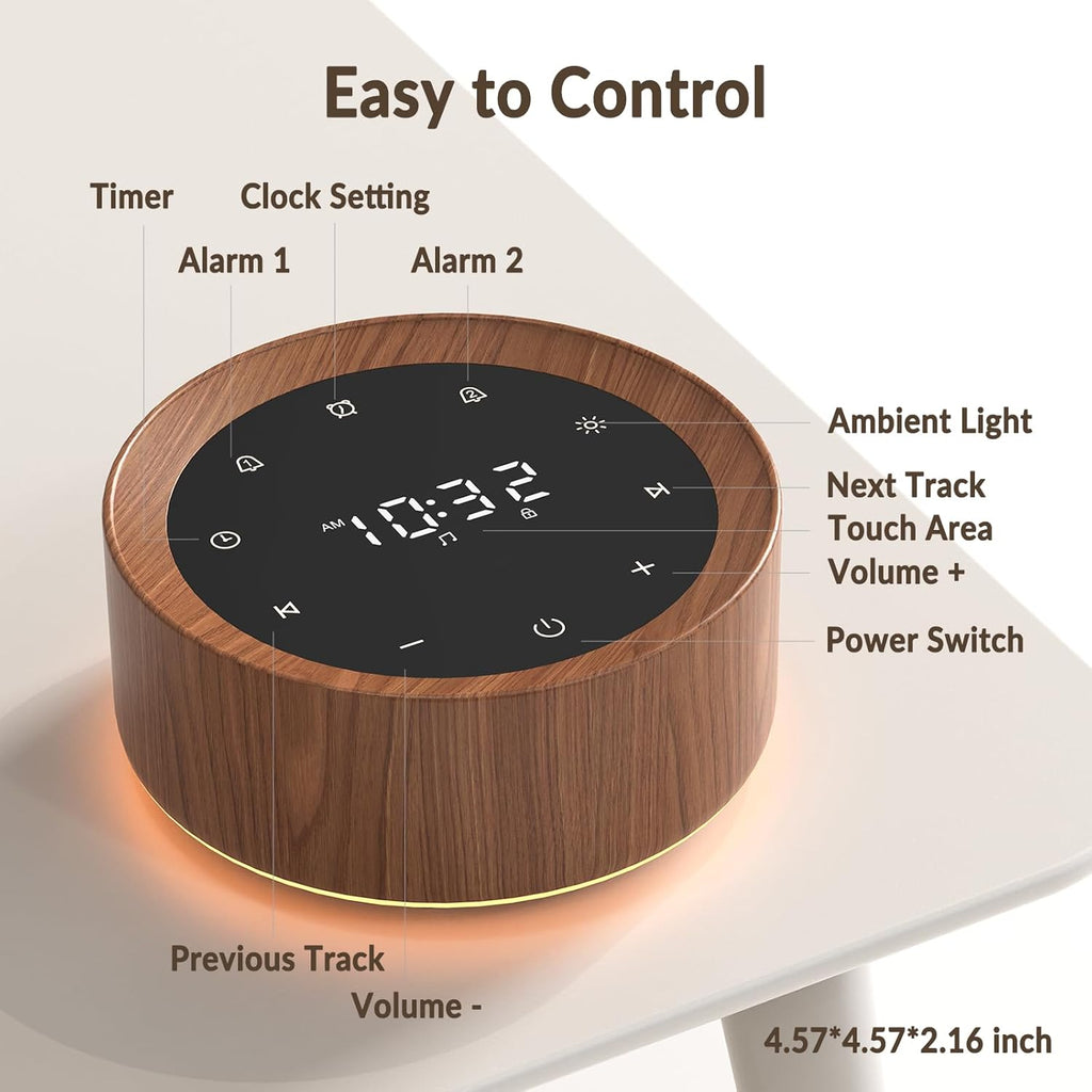 White Noise Sound Machine Alarm Clock 7 Color Night Light Sound Machine for Adult/Baby 20 Soothing Sound 31 Level Volume 6 Level Screen Brightness 5 Timer Set Memory Function Touch Control Wood Grain