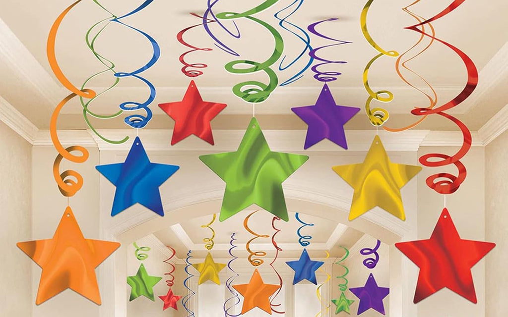 Rainbow Party Star Swirl Decorations, Rainbow Foil Ceiling Hanging Swirl Decorations with Star, Whirls Decorations for Party, Pack of 36