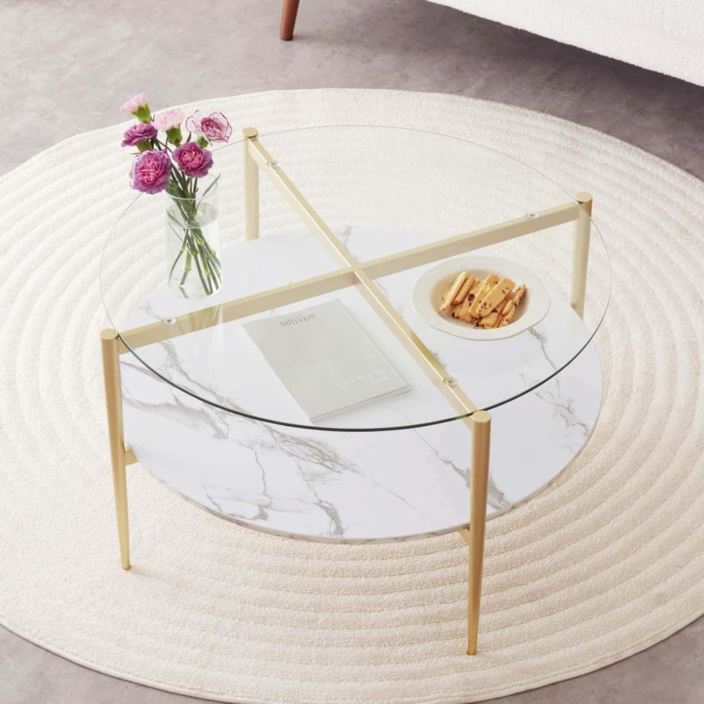 Round Coffee Table for Living Room, Mid-Century Modern Design, D30 x H17, 2-Tier Structure, Clear Glass Top and White Marble Finish Wood Shelf, Sleek Conical Metal Legs with Gold Finish Frame