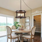 4-Light Large Rustic Farmhouse Plug in Pendant Light Fixture with Adjustable Chain, Dimmable Switch, 16.5 inch Oak Wood Drum Hanging Lamp for Dining Room Living Room Farmhouse Entry, Black