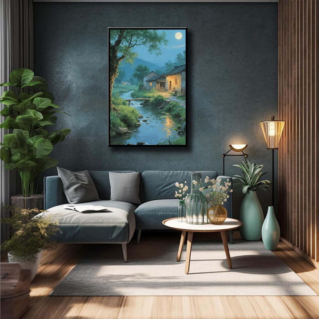 Moonlight under the big tree creek cabin scenery is suitable for posting in the living room bedroom office scenery poster wall painting