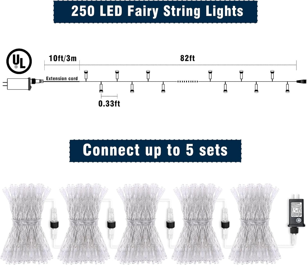 250 LED Christmas Lights Outdoor,82ft Red and Green String Lights for Bedroom Clear Wire, 8 Modes Plug in Waterproof Fairy String Lights with Timer Memory for Tree Christmas Halloween Decorations