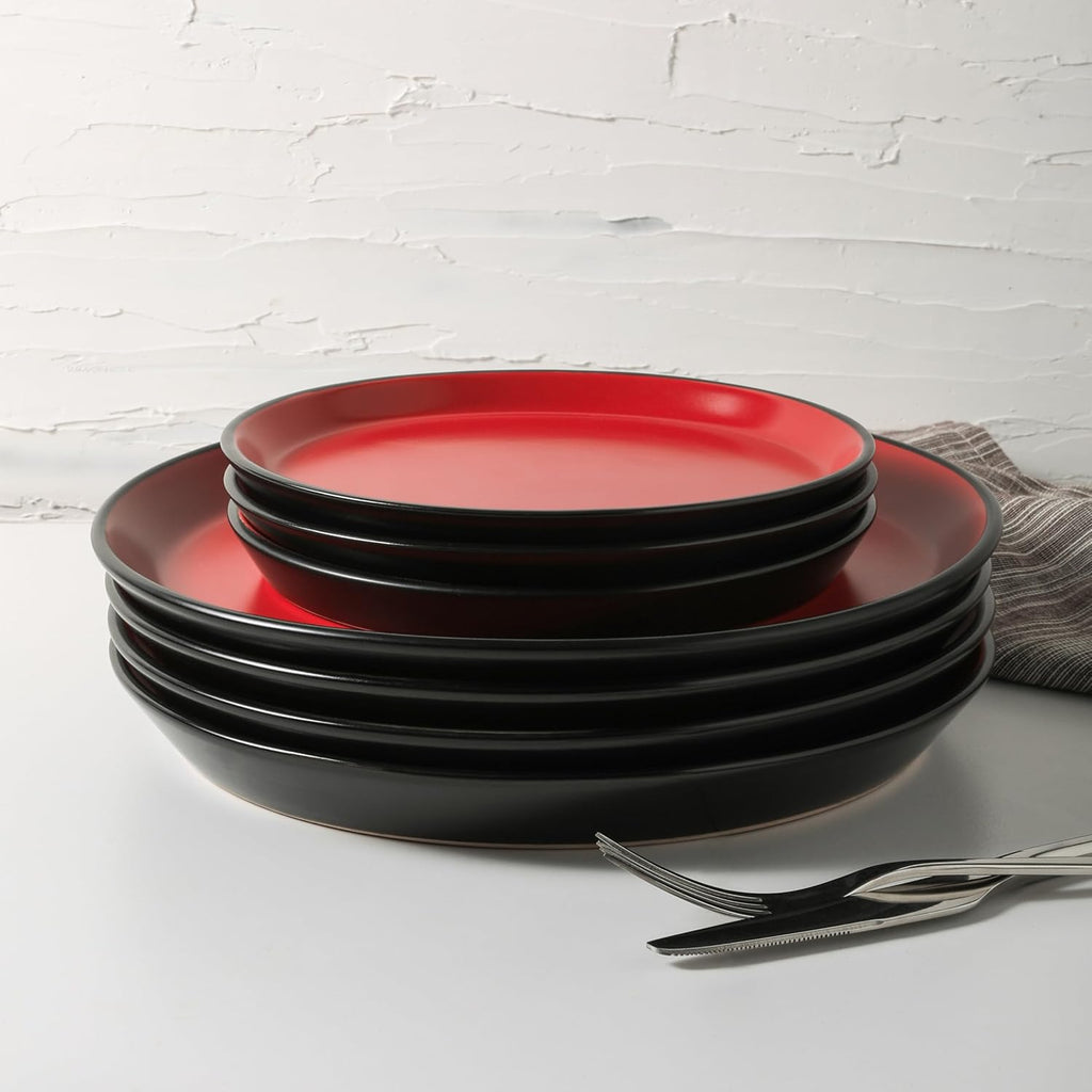 Stone Lain Albie Stoneware 32 Piece Dinnerware Set, Plates and Bowls Sets, Dish Set for 8, Red and Black, Microwave & Dishwasher Safe