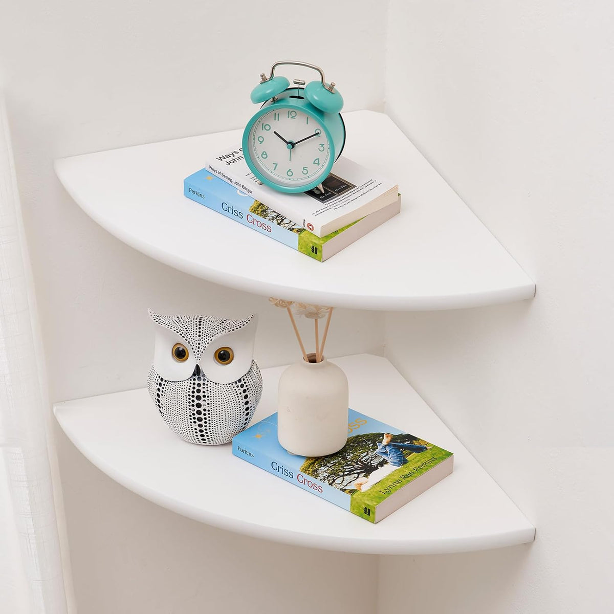 Corner Shelves, White Floating Corner Shelf, Set of 2 12inch Solid Oak Wood Wall Shelves, Round End Wall Mount with Wire Hole for Small Plant for Bedroom Kitchen, Living Room