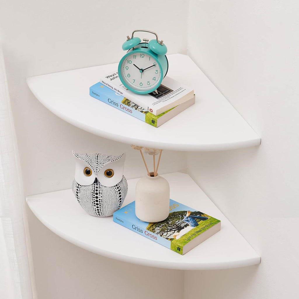 Corner Wall Shelves, White Floating Corner Shelf, Set of 2 16inch Solid Oak Wood Shelves, Round End Wall Mount Display Shelf with Wire Hole for Small Plant for Bedroom Kitchen, Living Room