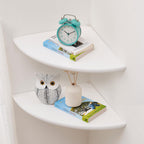 Corner Wall Shelves, White Floating Corner Shelf, Set of 2 16inch Solid Oak Wood Shelves, Round End Wall Mount Display Shelf with Wire Hole for Small Plant for Bedroom Kitchen, Living Room