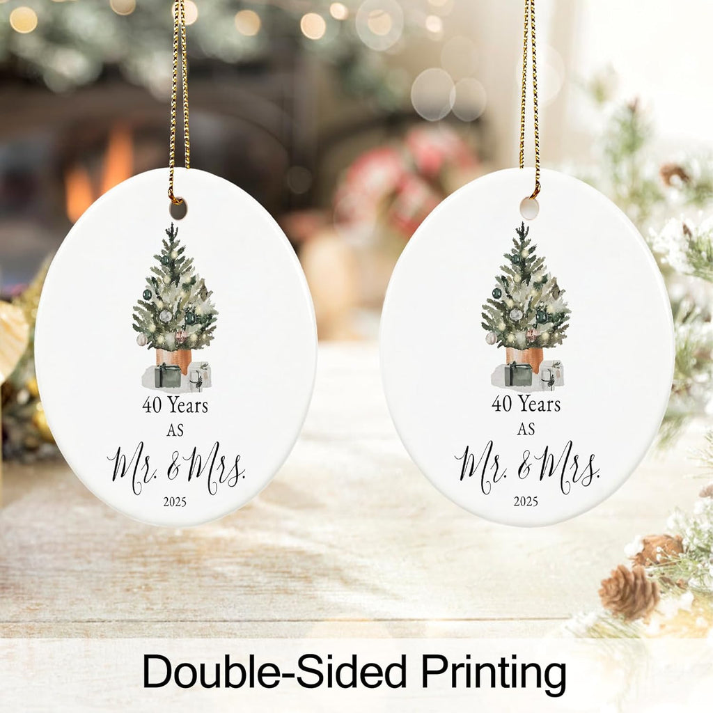40th Anniversary Ornament Gifts for Parents,Couple, 40th Wedding Anniversary for 40 Year as Mr and Mrs Gifts, Ceramic Keepsake 40th Anniversary Christmas Ornaments with Ribbon and Box