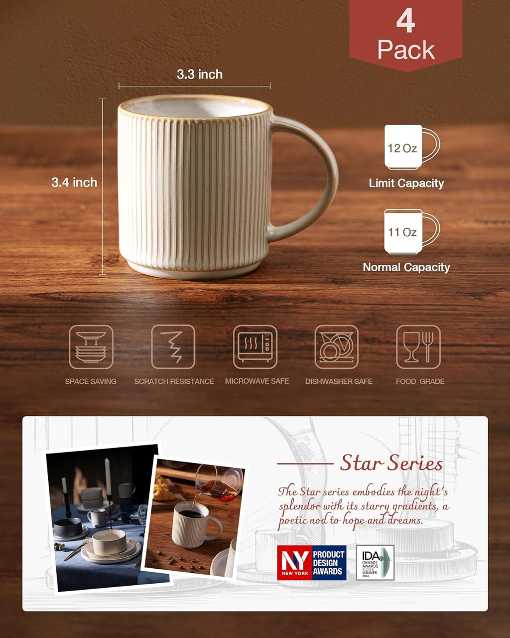 famiware Coffee Mug Set for 4, Star 12 oz Catering Mugs Cup Set with Handle for Coffee, Tea, Cocoa, Milk - Ceramic Stoneware Drinkware Set, Cappuccino White