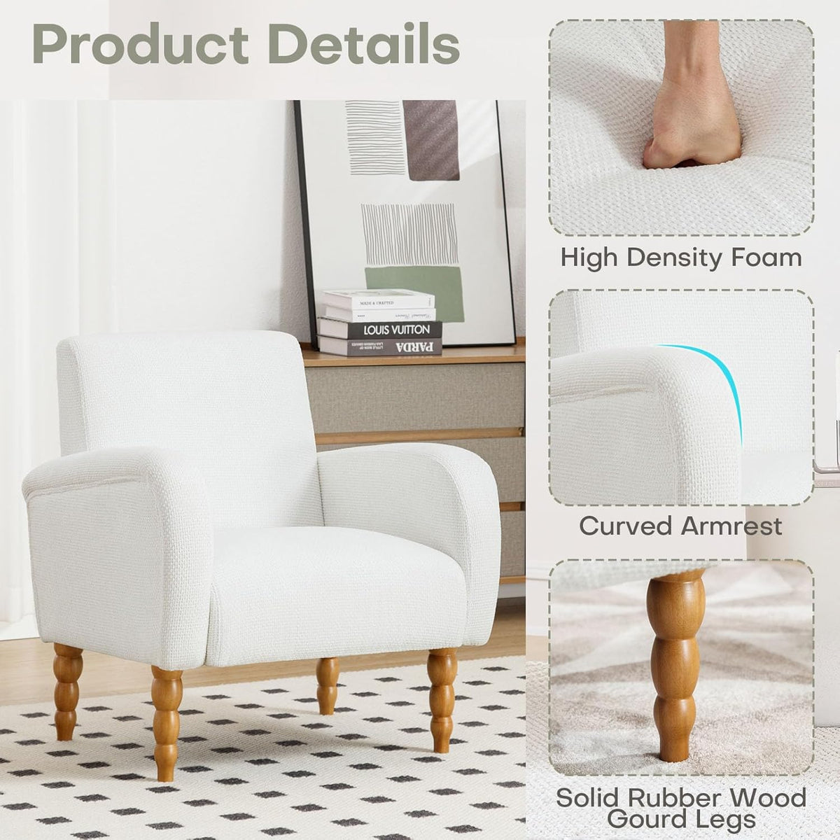 Chenille Fabric Accent Chair, Upholstered Armchair with Solid Wood Legs, Modern Living Room Accent Chair, Comfy Single Sofa Chair Reading Club Chair for Bedroom Reception Lounge, White