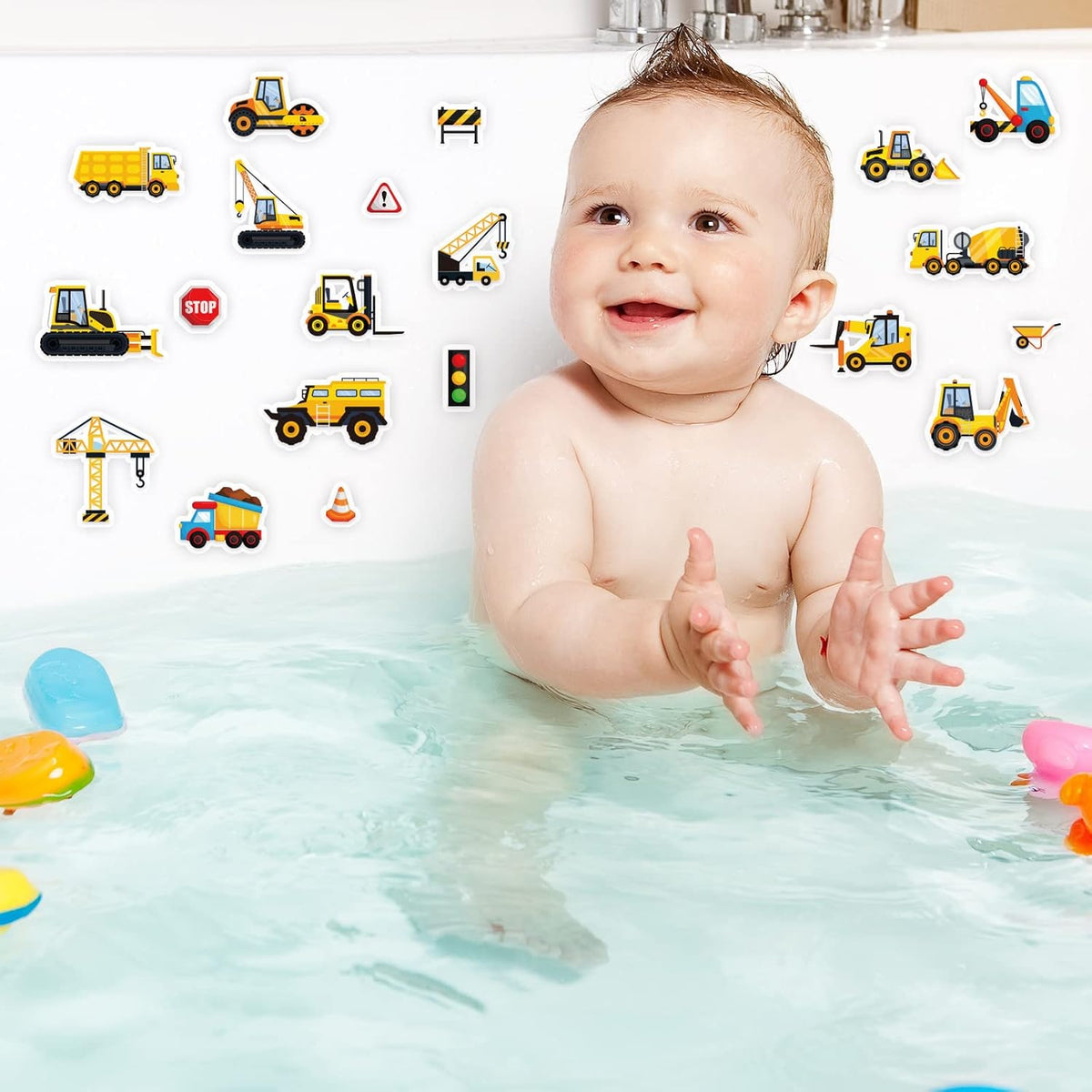 Tevxj Construction Vinyl Gel Clings, 20 Pcs Yellow & Black Transportation Stickers for Kids, Reusable Wall & Window Decor, Airplane, Truck Decals, Party Supplies