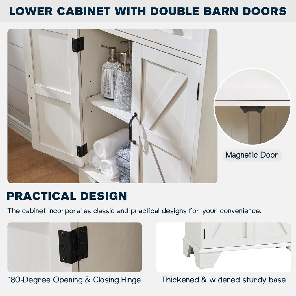 72" Tall Bathroom Storage Cabinet, Farmhouse Storage Cabinet with 2 Drawers, Adjustable Shelves & Barn Door, Cabinet for Bathroom, Living Room, Kitchen, Off White