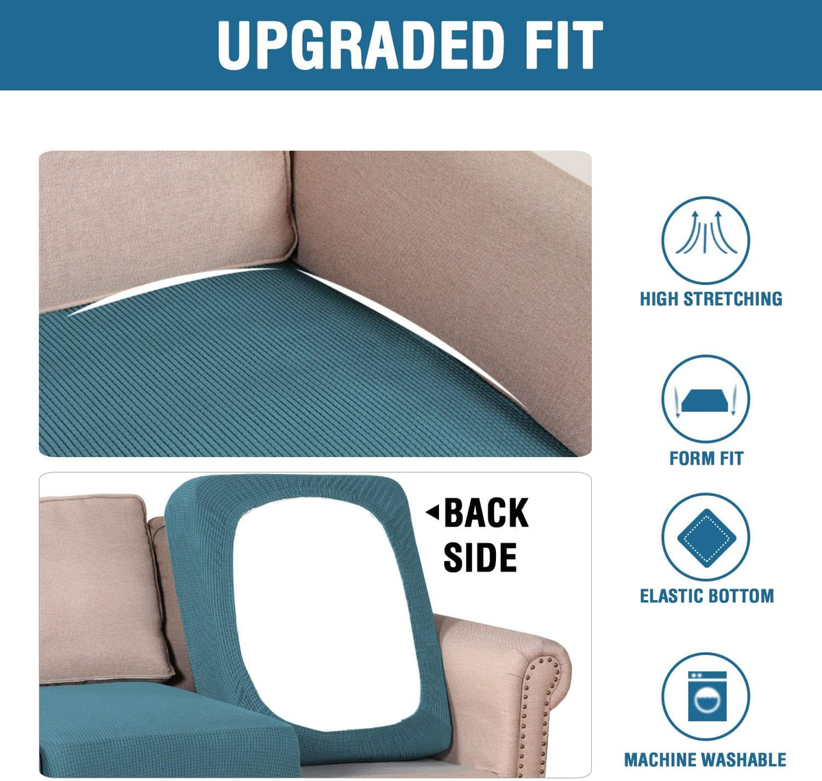 H.VERSAILTEX Super Stretch Individual Seat Cushion Covers - Sofa & Couch Cushion Slipcover Sets - Thick Jacquard Textured Twill Fabric (3 Piece XL Sofa Cushion Covers, Storm Blue)
