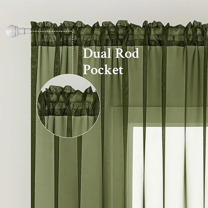 MIULEE Olive Green Sheer Curtains 54 X 54 Inches, 2 Panels | Solid Color - Image 2