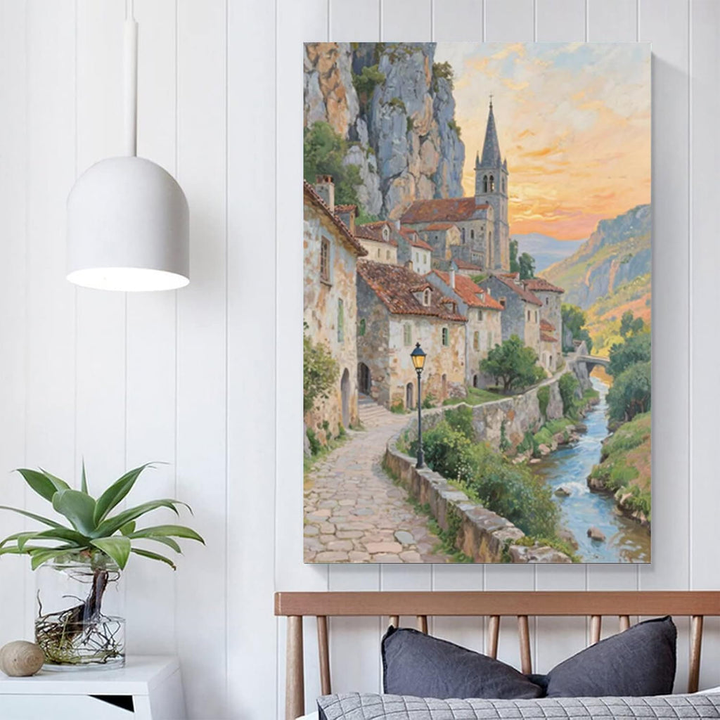 Small town scenery poster on the bank of the mountain stream is suitable for living room bedroom and office natural oil painting poster