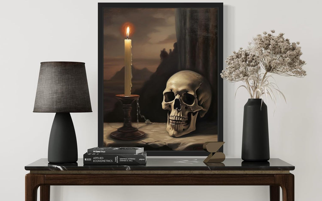 Skull and Candle Poster Art Print, Halloween Scary Vintage Wall Art Academia Spooky Painting Decoration for Horror Prints, Gothic Posters Bedroom Decor 89 (Skull and Candle, 11 x 14 inches, Black Frame)