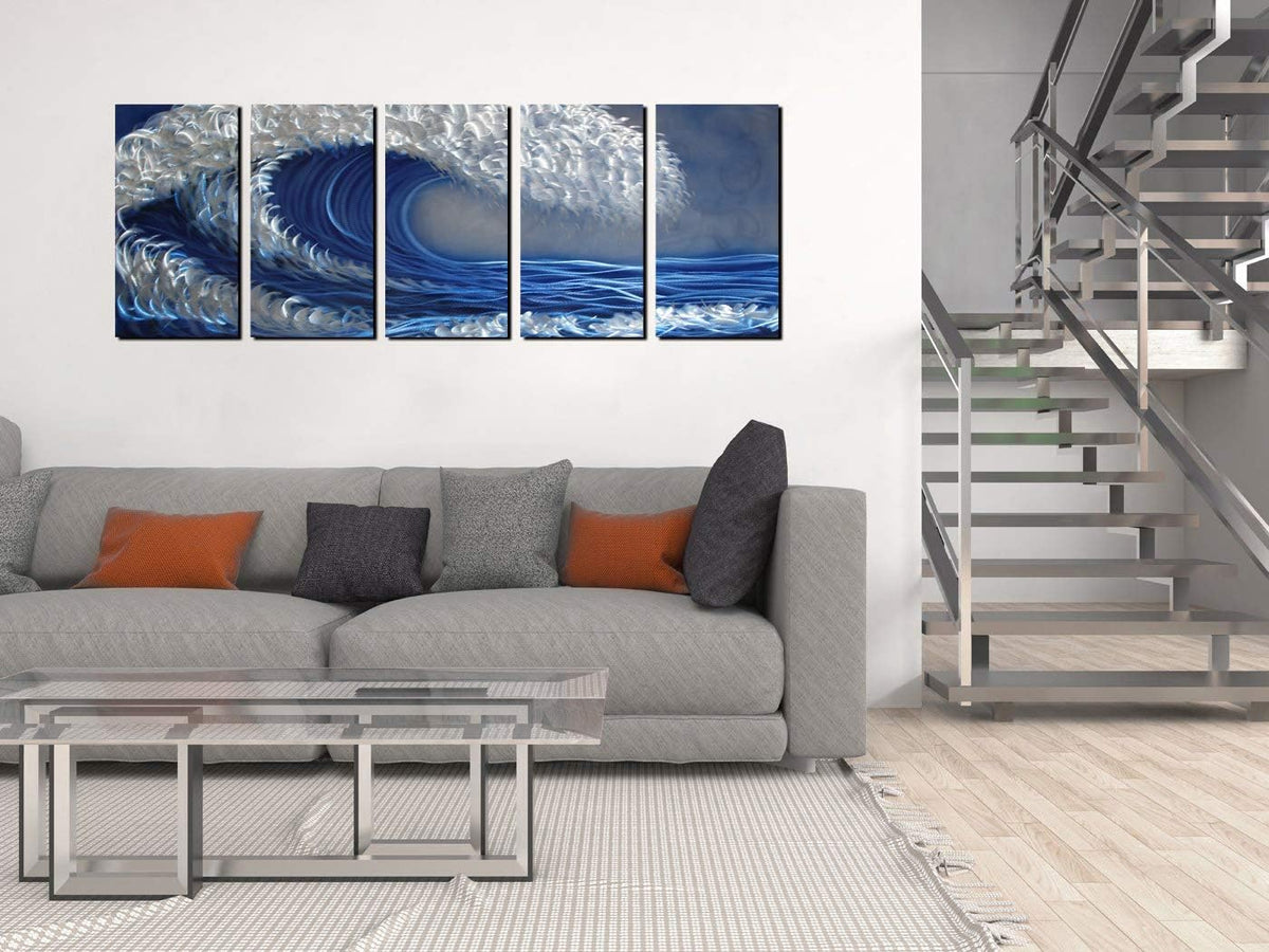 Ocean Metal Wall Art, Handcrafted Abstract Metal Artwork, Large Scale Blue and Silver Wall Art, Unique 3D Aluminum Painting, Great for Indoor and Outdoor, 5-Panels Measures 64" x 24"