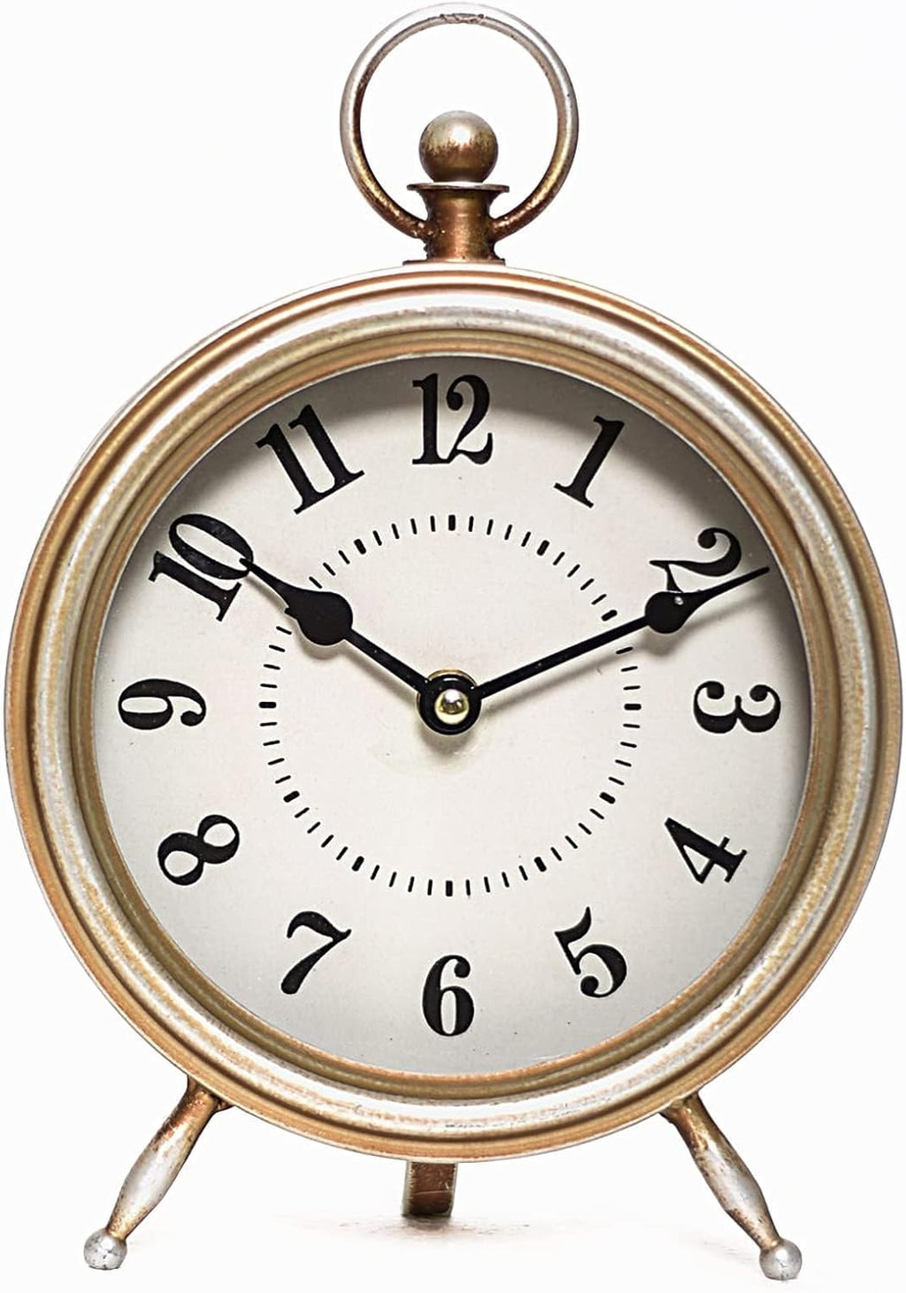 Vintage Table Clock on Stand, Decorative Desk and Shelf Clock Farmhouse Mantel Non-Ticking Clock Rustic Metal Frame with Antique Gold Finish