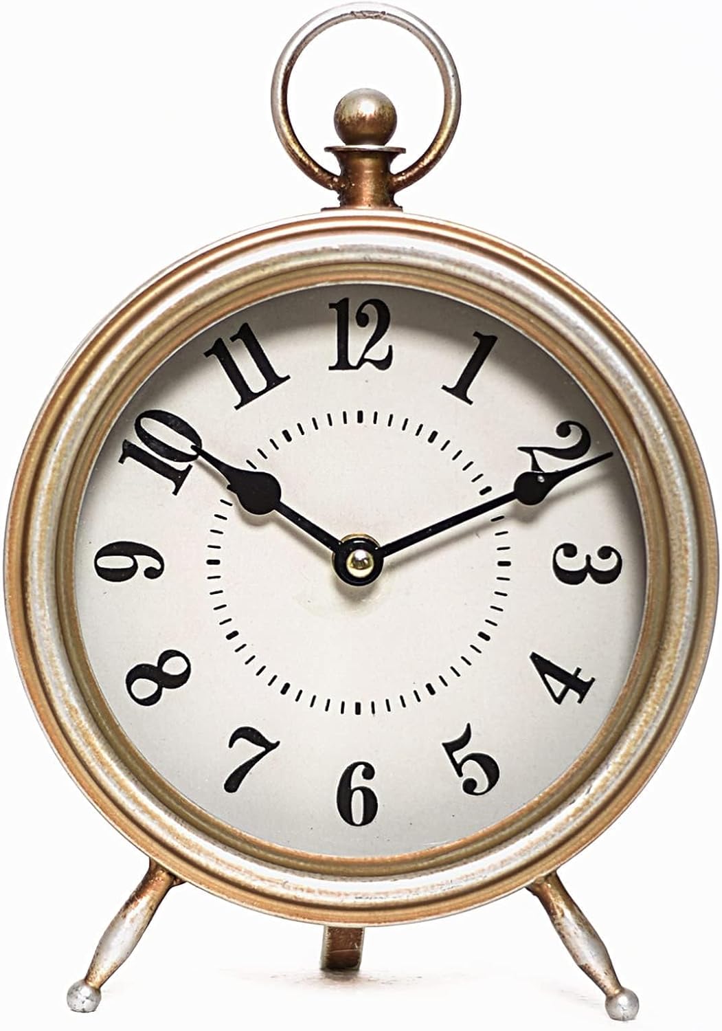 Vintage Table Clock on Stand, Decorative Desk and Shelf Clock Farmhouse Mantel Non-Ticking Clock Rustic Metal Frame with Antique Gold Finish